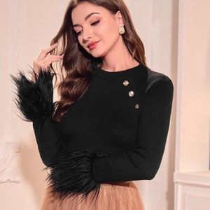 Shein faux fur cuff long sleeve knit top with gold buttons, medium